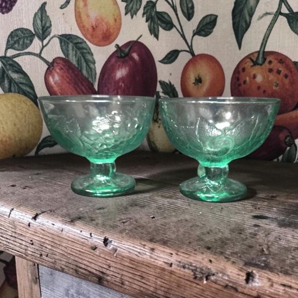 Pasabahce Green Dessert Bowls, Set of 2, Vintage Embossed Fruit Footed‎ Glasses